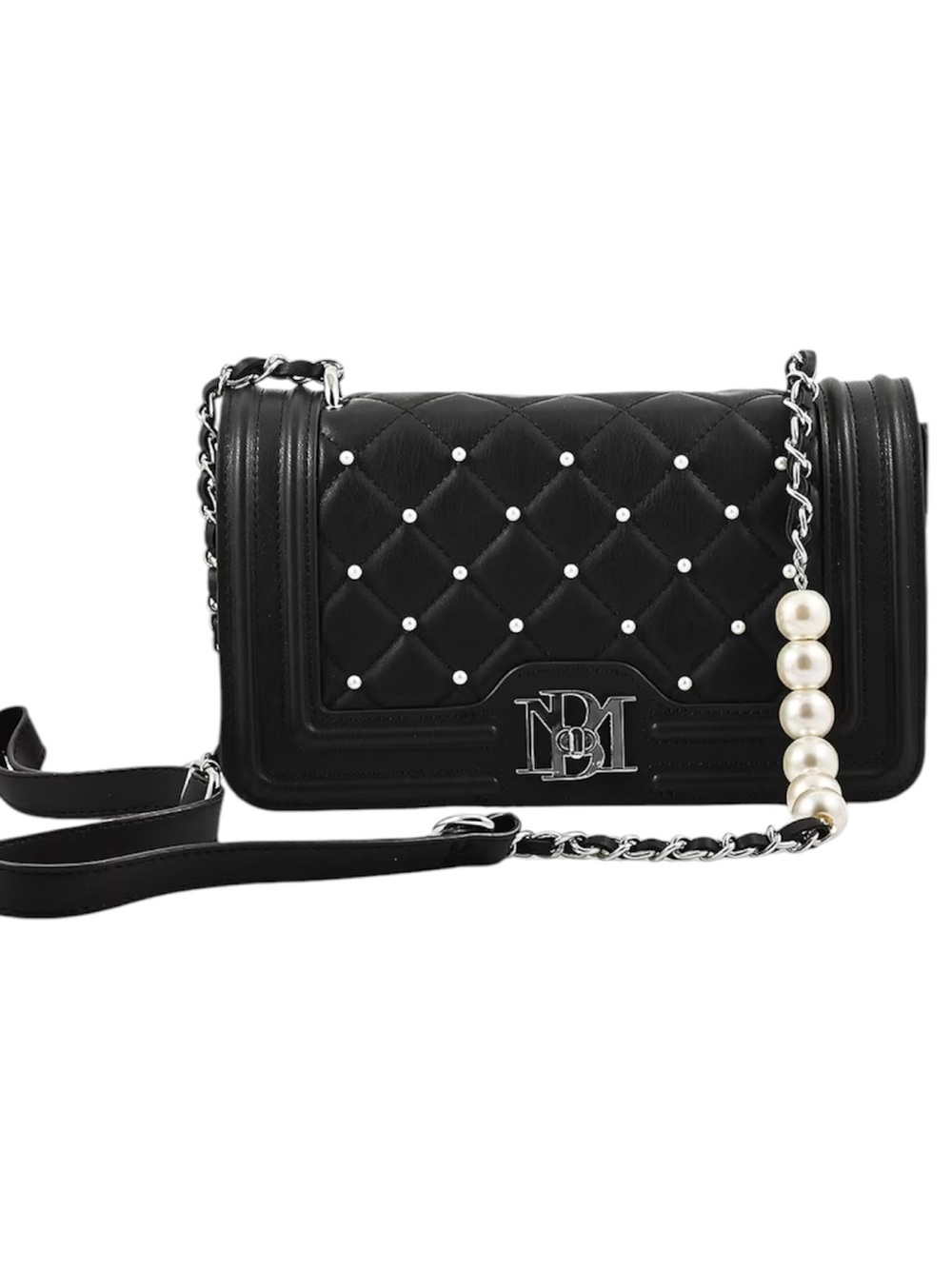 Badgley Mischka Black Quilted Crossbody Pearl Studded Flap Pearl Handle NWT